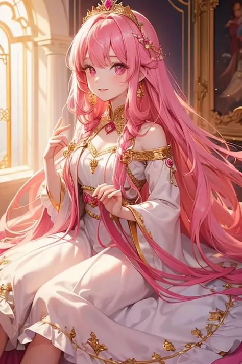 In detail, cute girl, long pink hair, pink eyes, A gorgeous dress, Palace interior background with sunlight, princess, High quality, Very detailed, Ruby Crown