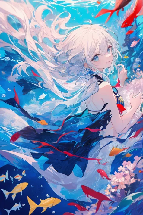 ((best quality)), ((masterpiece)), (detailed),girl swimming in underwater world,profile,multicolor,silver hair,marine blue hair ...