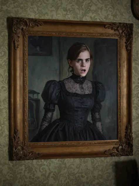 Emma Watson, brown hair, victorian dress, trapped in a haunted oil painting, painting frame, ghostly, trapped, horrified, hanging on the wall in a victorian house