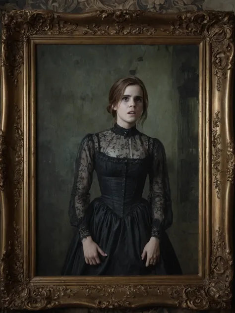 Emma Watson, brown hair, victorian dress, trapped in a haunted oil painting, painting frame, ghostly, trapped, horrified, hanging on the wall in a victorian house