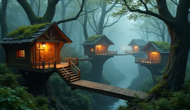 Create a cozy, magical forest scene with treehouses nestled in tall, misty trees. The treehouses are illuminated from within, with warm golden light shining through the windows. Moss covers the rooftops, and wooden walkways connect the houses, giving the s...