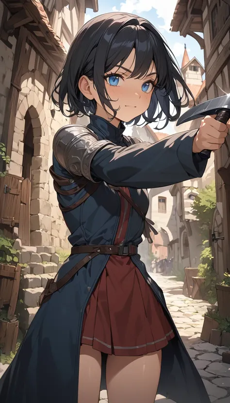 masterpiece, Best Quality, High resolution, Super detailed, Anime Style,  Fantasy, Medieval roads , One Girl, solo, Cowboy Shot,  Cute face, Small breasts, Short black hair, break, Blue Eyes, break, Assassin, coat, Cutlass,  Shooting from the front, 