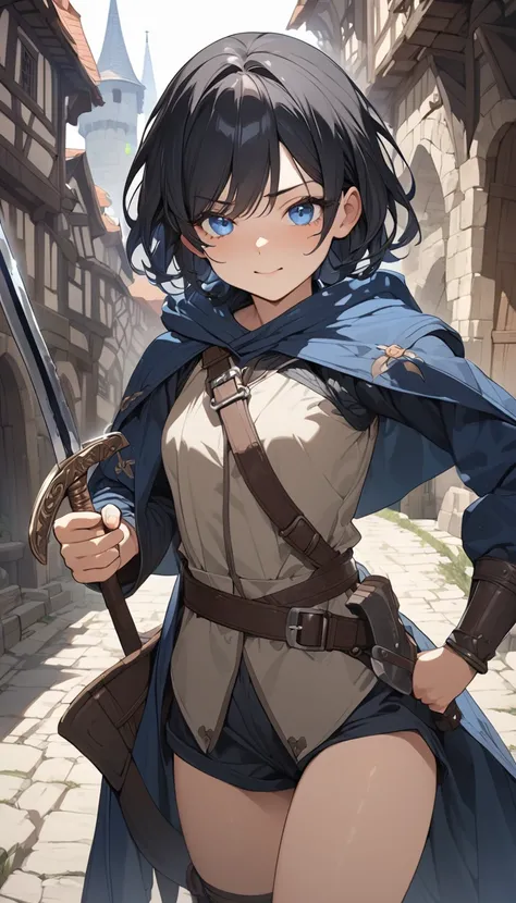 masterpiece, Best Quality, High resolution, Super detailed, Anime Style,  Fantasy, Medieval roads , One Girl, solo, Cowboy Shot,  Cute face, Small breasts, Short black hair, break, Blue Eyes, break, Assassin, coat, Cutlass,  Shooting from the front, 