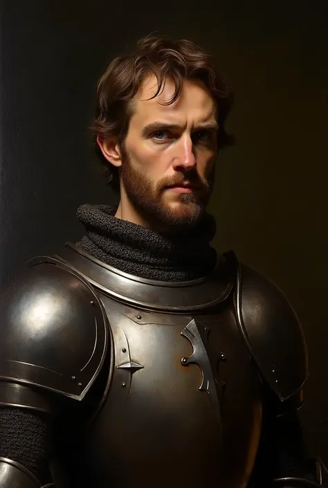 Portrait of a knight in ceremonial armor on a dark background. Close-up. Lighting scheme in the style of Rembrandt. The painting contains objects typical of the Middle Ages.
Style: canvas, oil.