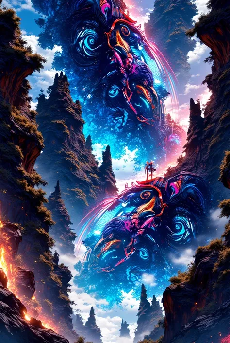 a highly detailed, hyperrealistic fractal art, fractal patterns in a pitch black void, vibrant rainbow holographic colors and transparent holographic elements, epic flux of shimmering lights and luminous energy, artistic strategy, masterful use of all crea...