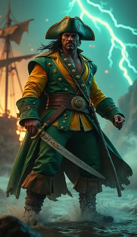 a brazilian pirate captain,epic and scary looking pirate,cinematic style,colorful background,green and yellow pirate clothes,fighting with crewmate,stormy setting,(best quality,4k,8k,highres,masterpiece:1.2),ultra-detailed,(realistic,photorealistic,photo-r...