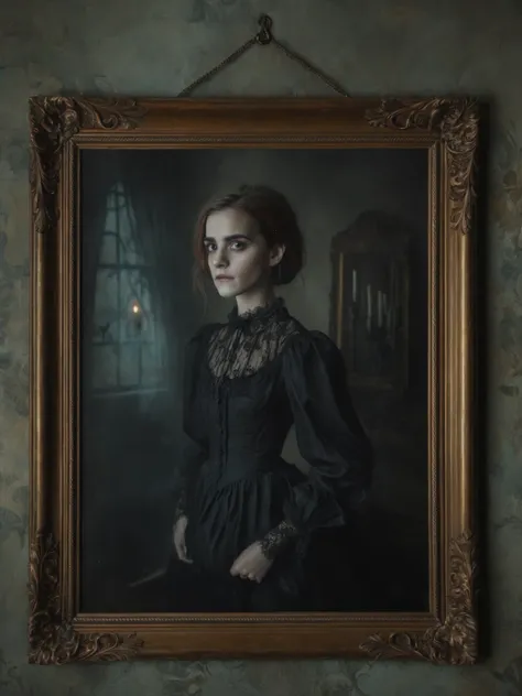 Emma Watson, brown hair, victorian dress, trapped in a haunted oil painting, painting frame, ghostly, hanging on the wall in a victorian house