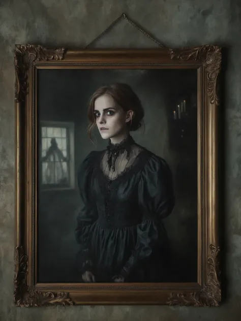 Emma Watson, brown hair, victorian dress, trapped in a haunted oil painting, painting frame, ghostly, hanging on the wall in a victorian house