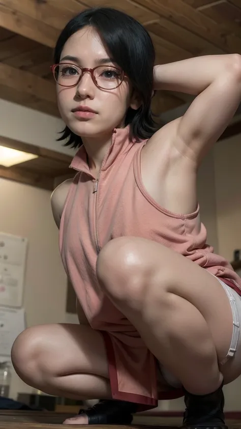 (Best Quality, High resolution, Realistic:1.2), Salad Uchiha, Squat, Armpit, Armpit sweat, short hair, Embarrassed expression, Red glasses, 