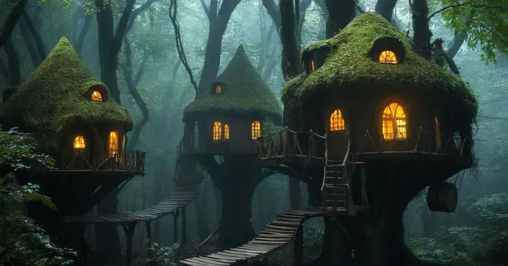 il y a beaucoup de petites maisons construites dans les arbres, enchanted magical forêt fantastique, magical forêt fantastique, environnement magique, forêt de fées, très magique et rêveur, forêt enchantée et magique, décor fantastique, forêt fantastique, ...