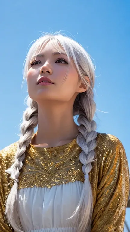 best quality, masterpiece,white hair, Golden Eyes,White, look up, Upper Body,Hair,fair skin,side braid