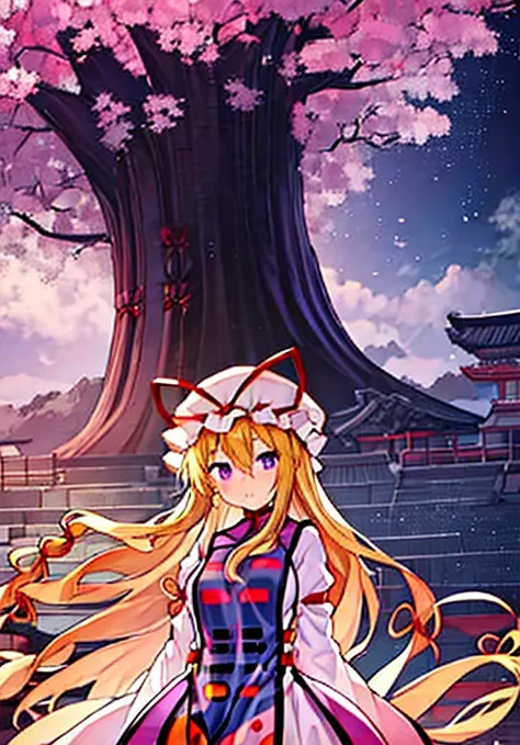 yakumo yukari is drinking sake under the cherry blossoms at night🍶　full moon on a moonlit night🎑　meteor shower and cherry blosso...