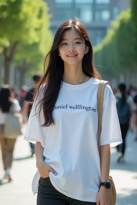 Japanese female college student wearing a large logo Daniel Wellington T-shirt soala Daniel Wellington watch
