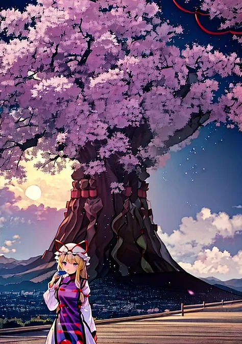 yakumo yukari is drinking sake under the cherry blossoms at night🍶　full moon on a moonlit night🎑　meteor shower and cherry blosso...