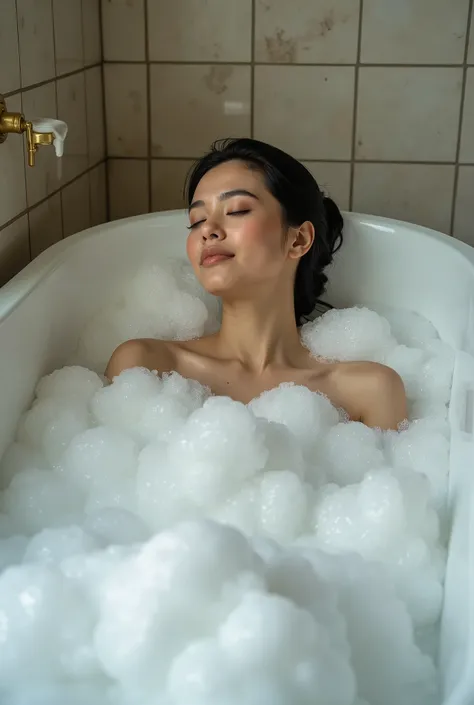 selfie photography, realistic, photo of a mexican woman lying in the bathtub, she is covering with soap foam, bubbles flying aro...