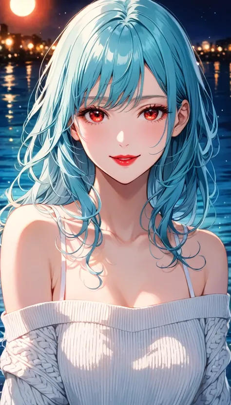 Best quality,masterpiece, Extremely delicate and beautiful,high resolution, 1 Girl,Water Blue_hair, Long_hair, Beautiful detailed red eye,(cosmetic:1.2),Red lips,The light on your face,(Charming smile:1.2),front shot,virgin_killer_sweater,