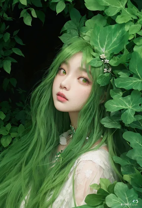 a close up of a woman with green hair and a white dress, dark green leaf hair, green mane, green hair, monia merlo, long green hair, portrait of a dryad, green flowing hair, green face, green colored skin!!, the non-binary deity of spring, forest fae, dark...