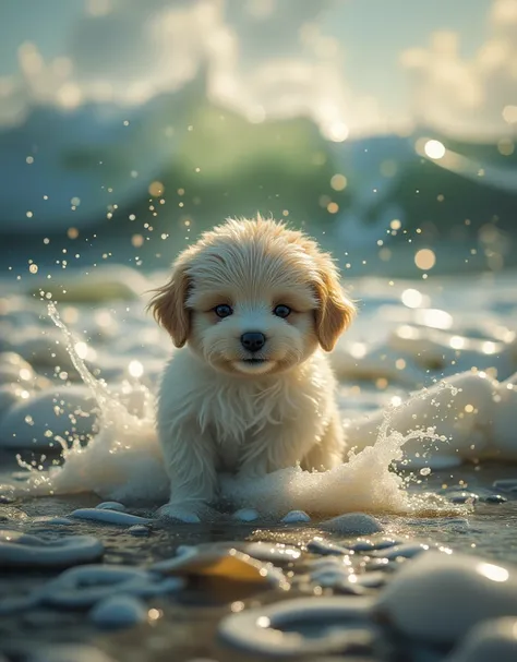 Professional close up action shot of a cute puppy sung on the ocean waves, A picture, author：dreamer. author：Matt Cavotta, shutter, art, Chebrushka, Action Shots, Smile at the camera, Furry Shooting, Action poses, California, , Panning, . high quality. Wor...