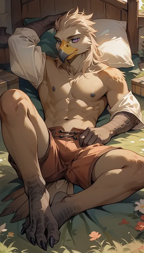 Solo, anthro male avian eagle,beige feathered body, long beige hair, purple eyes, shorts, dark nipples, bedroom eyes, laying, athletic, slim, fantasy, medieval, feet