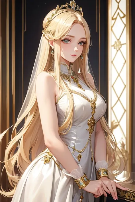 In detail, Beautiful woman, long blonde hair, Emerald eyes, silver dress, Palace interior background, queen, nobility, High quality, Very detailed, holding a pole, queen봉, elegant