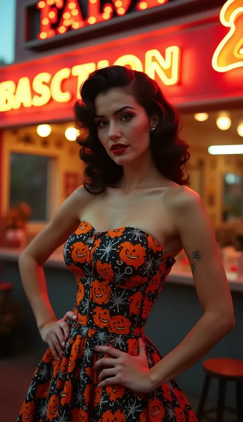 A vibrant full body shot of a busty brunette woman in a 1950s retro Halloween costume, her dress a mix of multi-patterns like spiderwebs, pumpkins, and ghosts, each print a different bold color. Her face is painted with classic Halloween makeup: dark smoke...