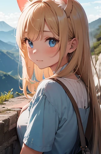 1girl. Long blond hair. Cat ears. Blue eyes. Mountains. Perfect quality, soft light, green classic dress