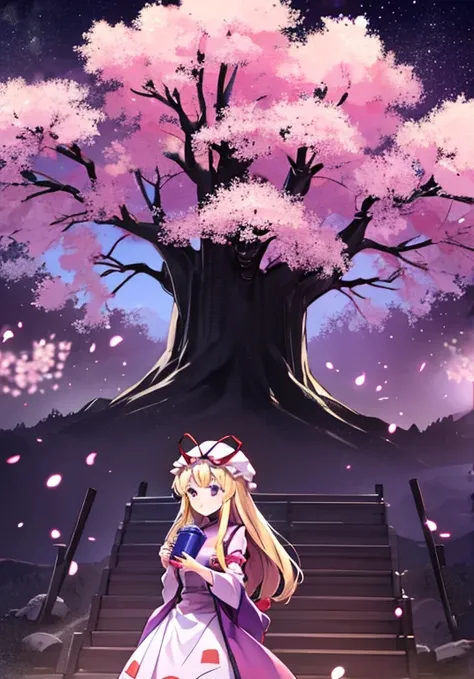 Yakumo Yukari is drinking sake under the cherry blossoms at night🍶　Full moon on a moonlit night🎑　Meteor shower and cherry blossom flurry🌸