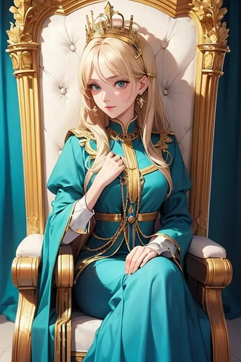 In detail, Beautiful woman, Light blonde hair, Emerald eyes, Blue dress, Palace interior background, queen, nobility, High quality, Very detailed, throne , elegant