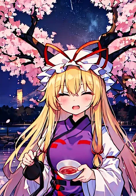 yakumo yukari is drinking sake under the cherry blossoms at night🍶　full moon on a moonlit night🎑　meteor shower and cherry blosso...