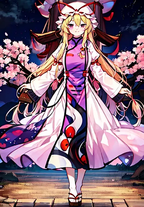 yakumo yukari is drinking sake under the cherry blossoms at night🍶　full moon on a moonlit night🎑　meteor shower and cherry blosso...