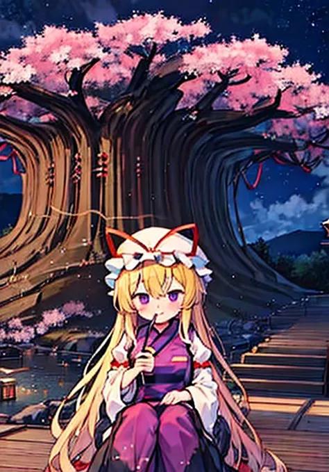 yakumo yukari is drinking sake under the cherry blossoms at night🍶　full moon on a moonlit night🎑　meteor shower and cherry blosso...