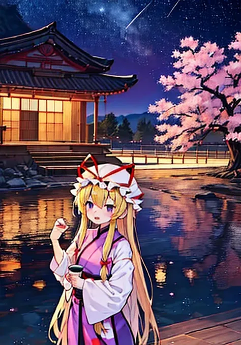 yakumo yukari is drinking sake under the cherry blossoms at night🍶　full moon on a moonlit night🎑　meteor shower and cherry blosso...