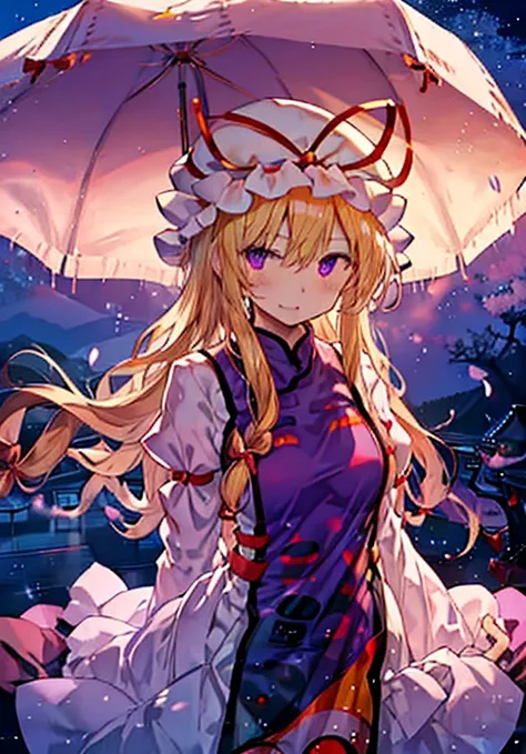 yakumo yukari is drinking sake under the cherry blossoms at night🍶　full moon on a moonlit night🎑　meteor shower and cherry blosso...