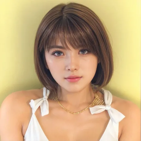 kasumi, eyes browns, (best qualityer, ultra detail), (realisitic:1.37), beautiful and detailed face, ultra-realisitic texture, Exquisite face, Delicate body, red lipgloss stick, shiny colors. High definition, 8k, expression a slight cute smile