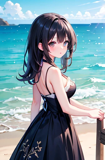 masterpiece、With background（（Sea side、Sandy Beach））、Age 30、a beauty girl、Cute、Very intricate embroidery on the dress、skirt、Long black hair、Large Breasts、