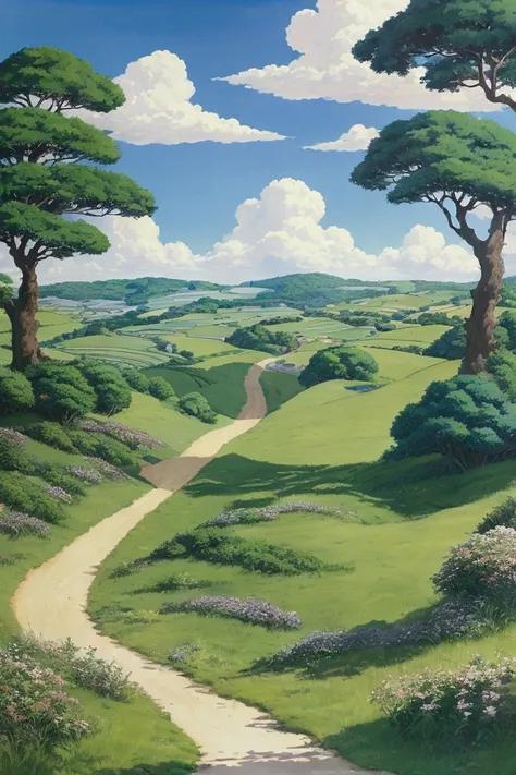 Realistic, Genuine, Beautiful and wonderful landscape oil painting Studio Ghibli Hayao Miyazaki Petals Grassland Blue sky Grassland Country road,building, 