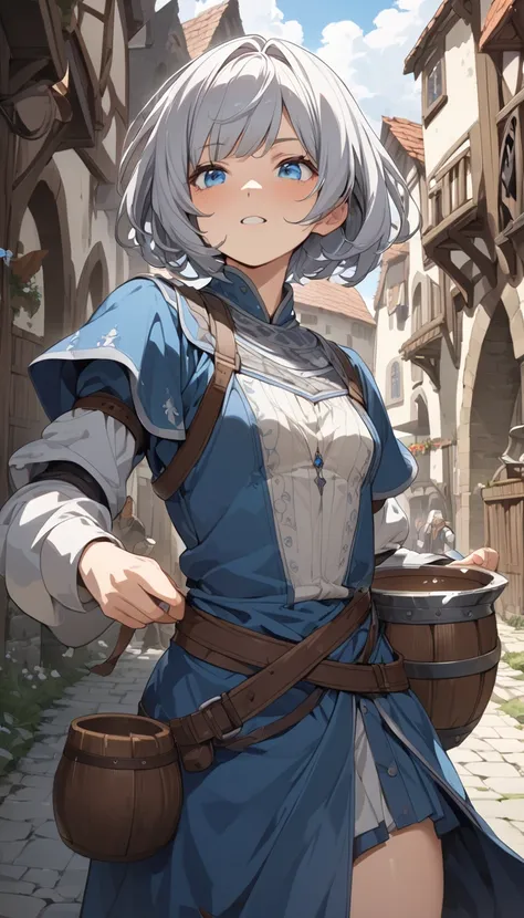 masterpiece, Best Quality, High resolution, Super detailed, Anime Style,  Fantasy, Medieval roads , One Girl, solo, Cowboy Shot,  Cute face, Small breasts, Silver medium hair, Bobcut, break, Blue Eyes, break, Bard,  Shooting from the front, 