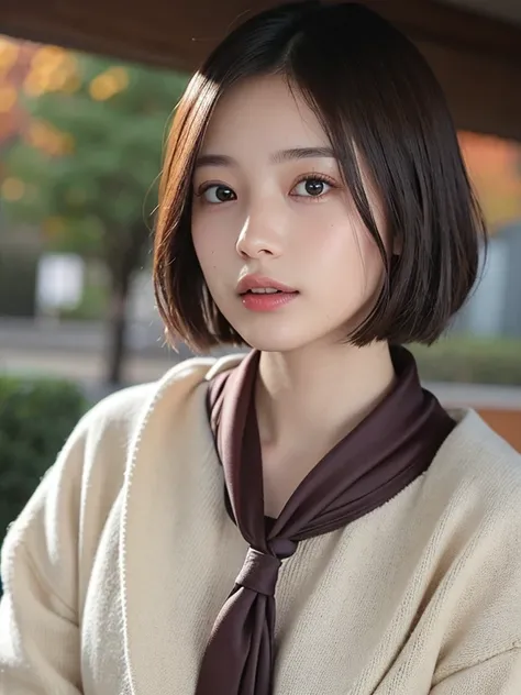 (Bob Cut Hair:1.2),(Brown bell sleeve sweater、A feminine style with a silk scarf in autumnal colors:1.2),1 girl,Japanese,21 years old,(Small breasts:1.3),(Best Quality,masterpiece:1.3,超A high resolution,),(Ultra-detailed,Caustics),(Photorealistic:1.4,RAW s...