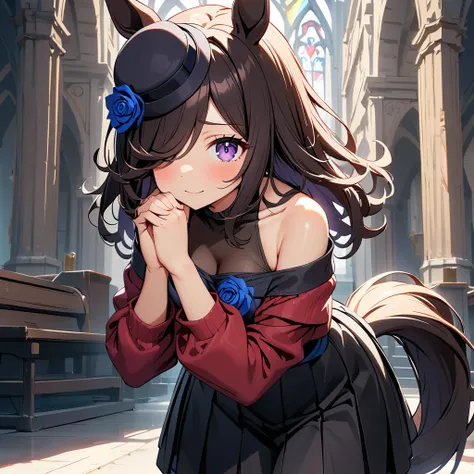 1 girl, solo, (best quality,4k,8k:1.4), extremely detailed facial features, long black hair, messy hair, hair over one eye, off shoulder dress, black stockings, dagger at waist, purple eyes, blue rose, horse ears, horse tail, rice shower, /(umamusume)/, ba...