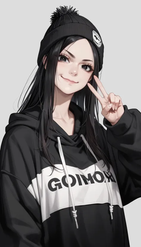 cartoon of a girl, closed mouth, smirk, big eyes, black eyes, looking at viewer, black hair, long hair, baggy hoodie, black hood...