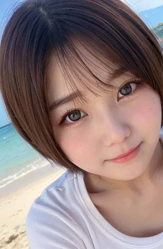 Red cheeks、shy、Light clothing、Sandy Beach、Beautiful girls、cute、short hair、20 years old、Round face、smile、Her breasts are large、Beautiful Eyes、Angry face、Clean hands