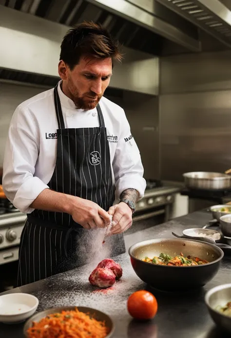 breathtaking award-winning, Leonel Messi working at a master chef, tired, sweaty