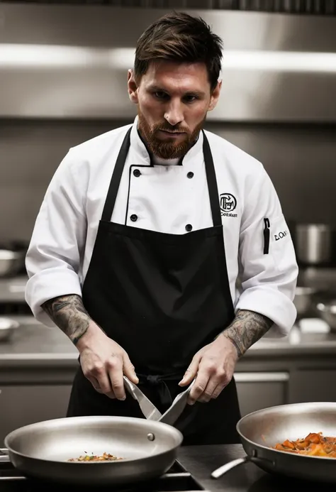 breathtaking award-winning, Leonel Messi working at a master chef, tired, sweaty