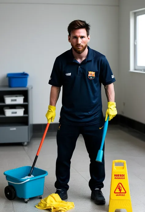 breathtaking award-winning, Leonel Messi working at a cleaning service, tired, sweaty