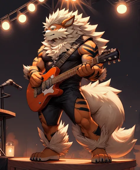 arcanine, furry,standing while strumming a guitar,Guitarist with their hands positioned on the guitar strings, mid-strum,Electric guitar with a glossy black body, playing guitar on a cozy stage under warm lights,arcanine looks focused and immersed in the m...