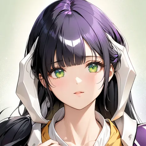 1  female, Purple armor、yellow skirt、green eyes、straight black hair, very long hair, low pony tail, cleavage, Masterpiece, Beautiful attention to detail:1.2, Perfect lighting, (perfect hand, perfect anatomy), super detailed, beautiful face、Head gear