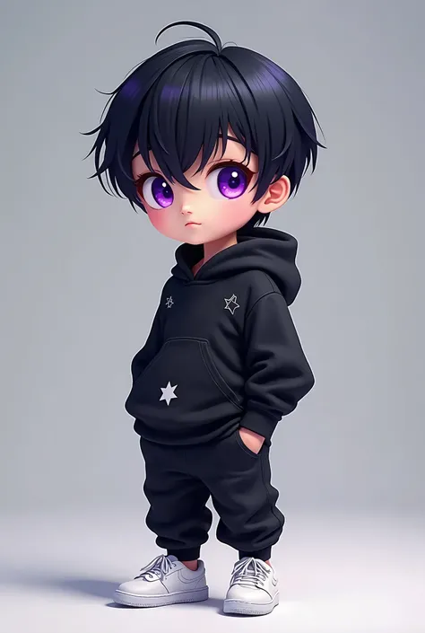 Black hair purple eyes boy with stars, wear black and white,wear white sneakers 