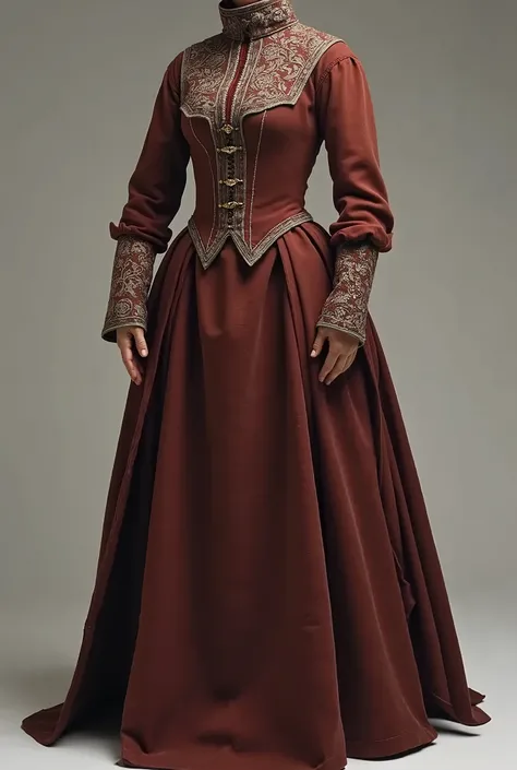 The medieval dress is crafted from thick, durable fabric such as wool or linen, designed to provide warmth and protection in cooler climates. The gown has long sleeves that taper toward the wrists, and its silhouette flows gracefully to the floor. The bodi...