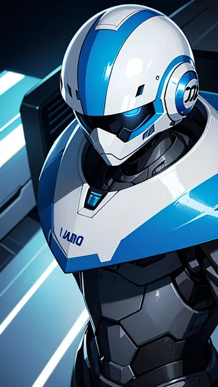 Close-up of a robot with a helmet and a blue and white suit, Concept Art：Kano Tan&#39;yu, Pixiv, What is it?？, Fourze, HEV Suit, Cyber Armor, Cyber Japan Armor, Cyber Suit, Cyber Suit, Cyber Japan style armor, Porcelain Cyborg Armor, Blue and ice silver ar...