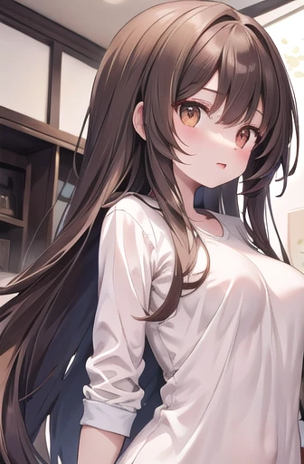 girl,Long Hair,Medium-length layered hair,Brown Hair,Brown eyes,Large Breasts、